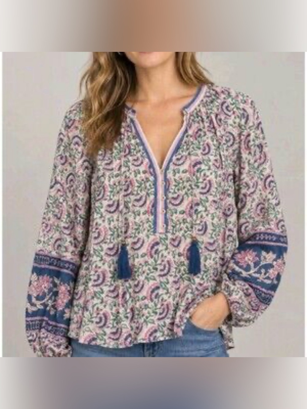 NATURAL LIFE Floral Tasseled Long Sleeve Boho Peasant Blouse Top - L